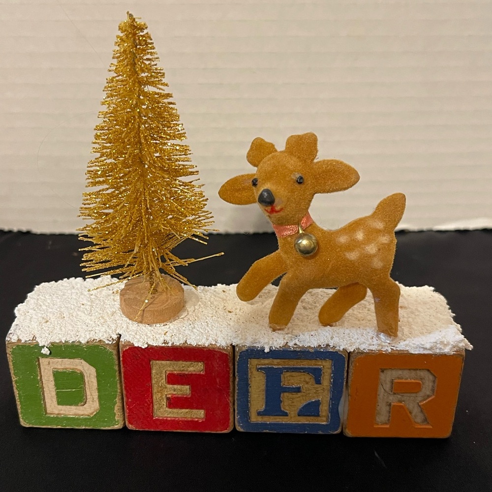 Handmade Holiday Decor with Vintage Alphabet Blocks and Flocked Deer
